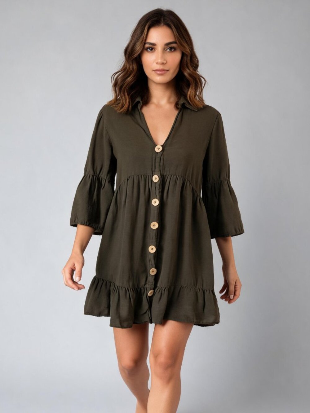 ZARA | Olive Green Bell Sleeve Button Down Mini Dress Sz XS